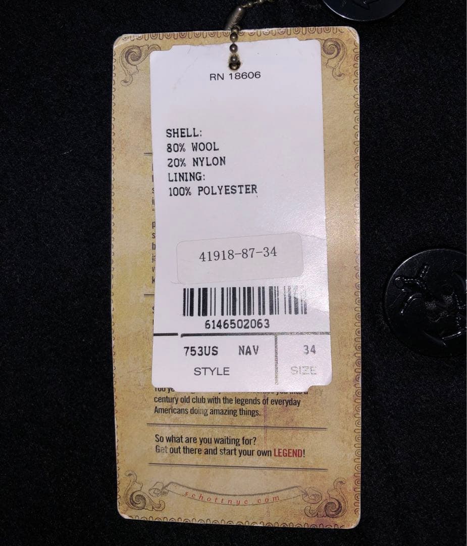 34 新品 Schott x HTC 753US Pコート スタッズ タイト 黒