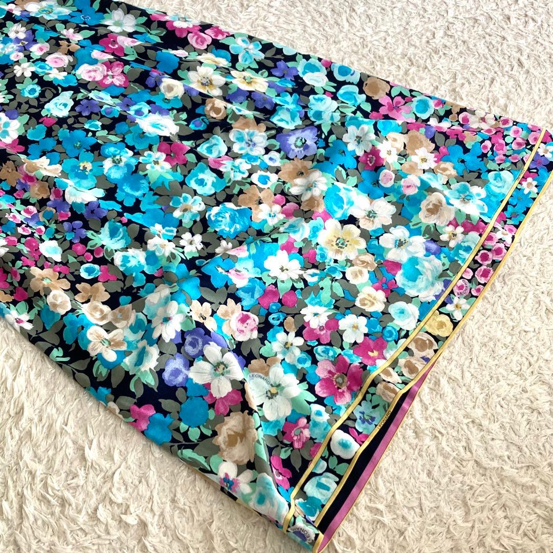 【極美品】レオナール ボタニカル フラワートリム Aライン ワンピース ブルー