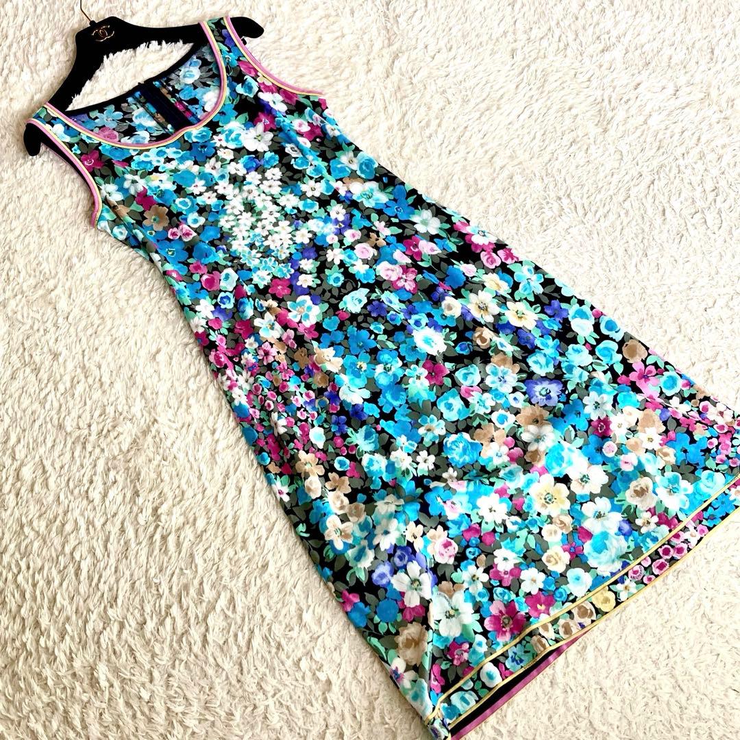 【極美品】レオナール ボタニカル フラワートリム Aライン ワンピース ブルー