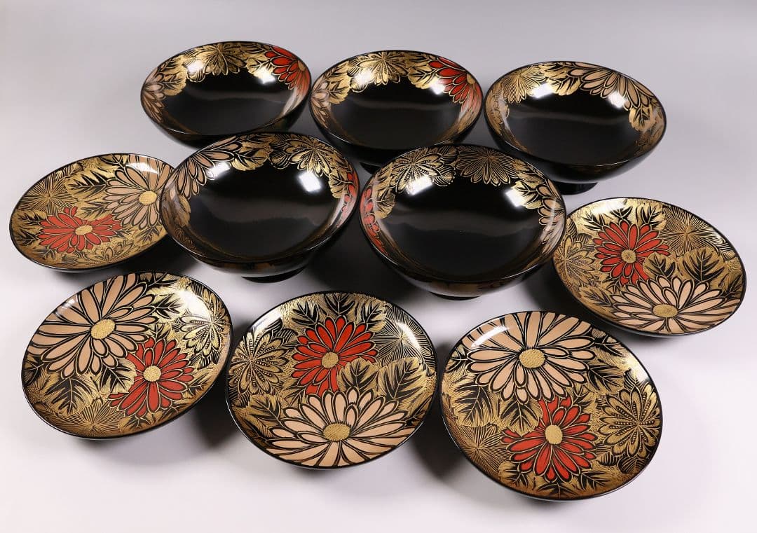 【CM366】輪島塗 塩徳屋漆器店 沈金 菊尽 煮物椀 五客 木製漆器 黒塗