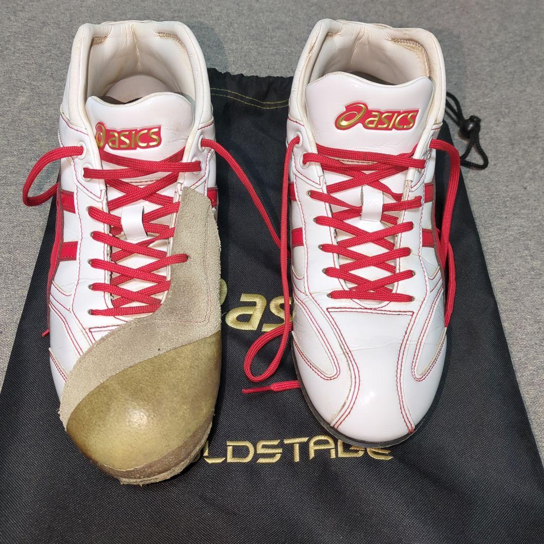 ASICS GOLDSTAGE スパイク ホワイト/レッド超強力Ｐ革付27.5㎝