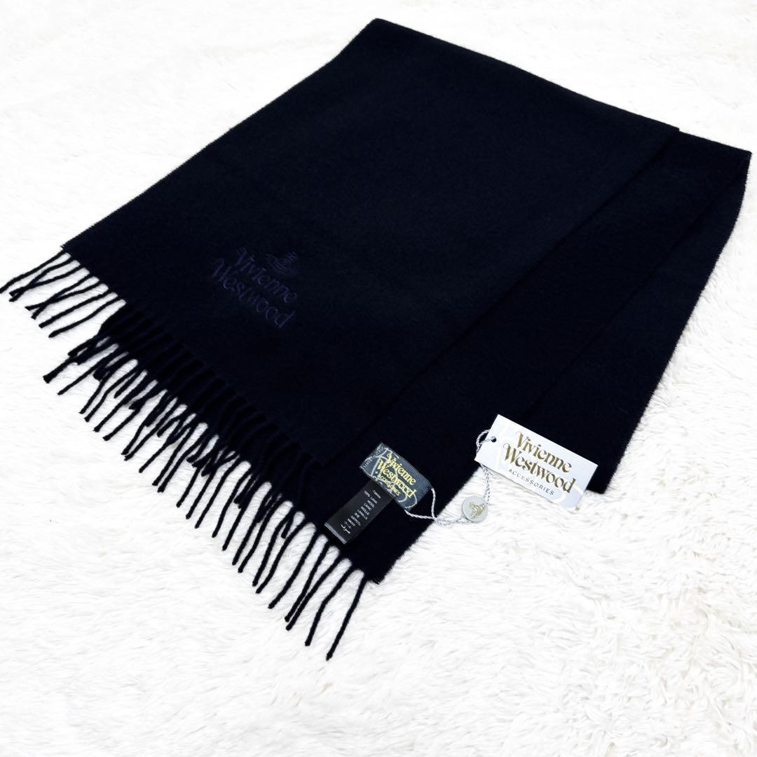 ✨新品✨ ヴィヴィアン　ロゴ刺繍　極上手触り 100%ウール マフラー ネイビー