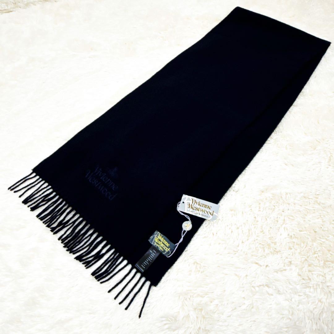 ✨新品✨ ヴィヴィアン　ロゴ刺繍　極上手触り 100%ウール マフラー ネイビー