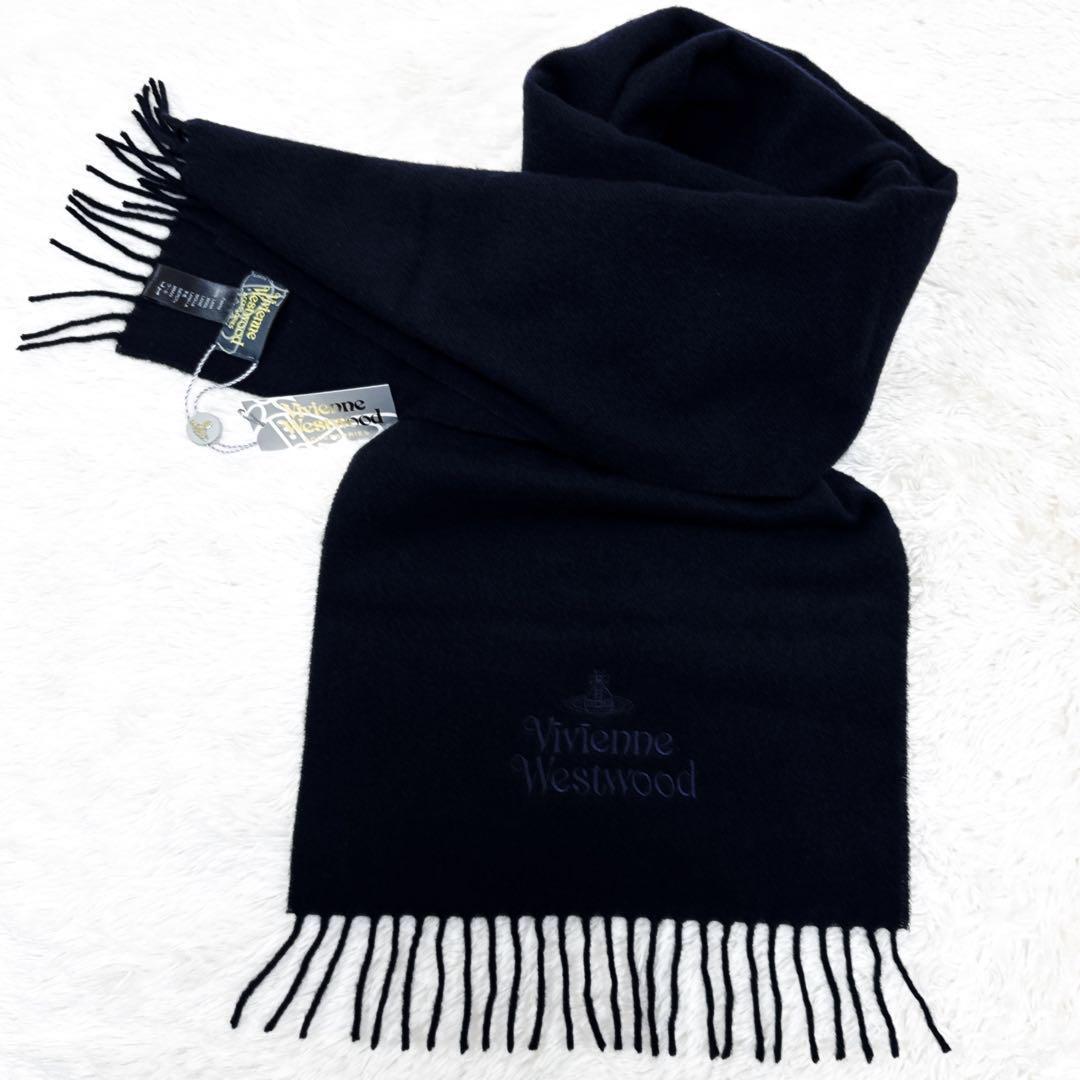 ✨新品✨ ヴィヴィアン　ロゴ刺繍　極上手触り 100%ウール マフラー ネイビー