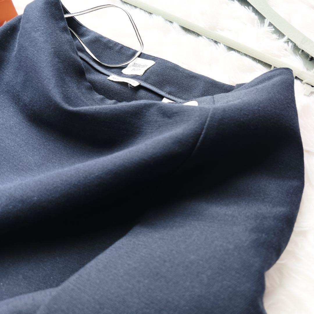 美品　HERMES エルメス　ウール　ネイビー　台形　スカート　シェル　セリエ