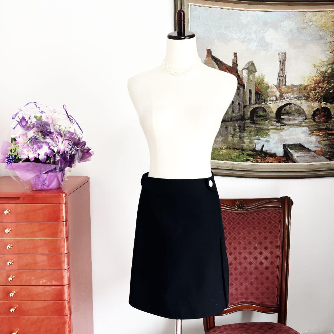 美品　HERMES エルメス　ウール　ネイビー　台形　スカート　シェル　セリエ