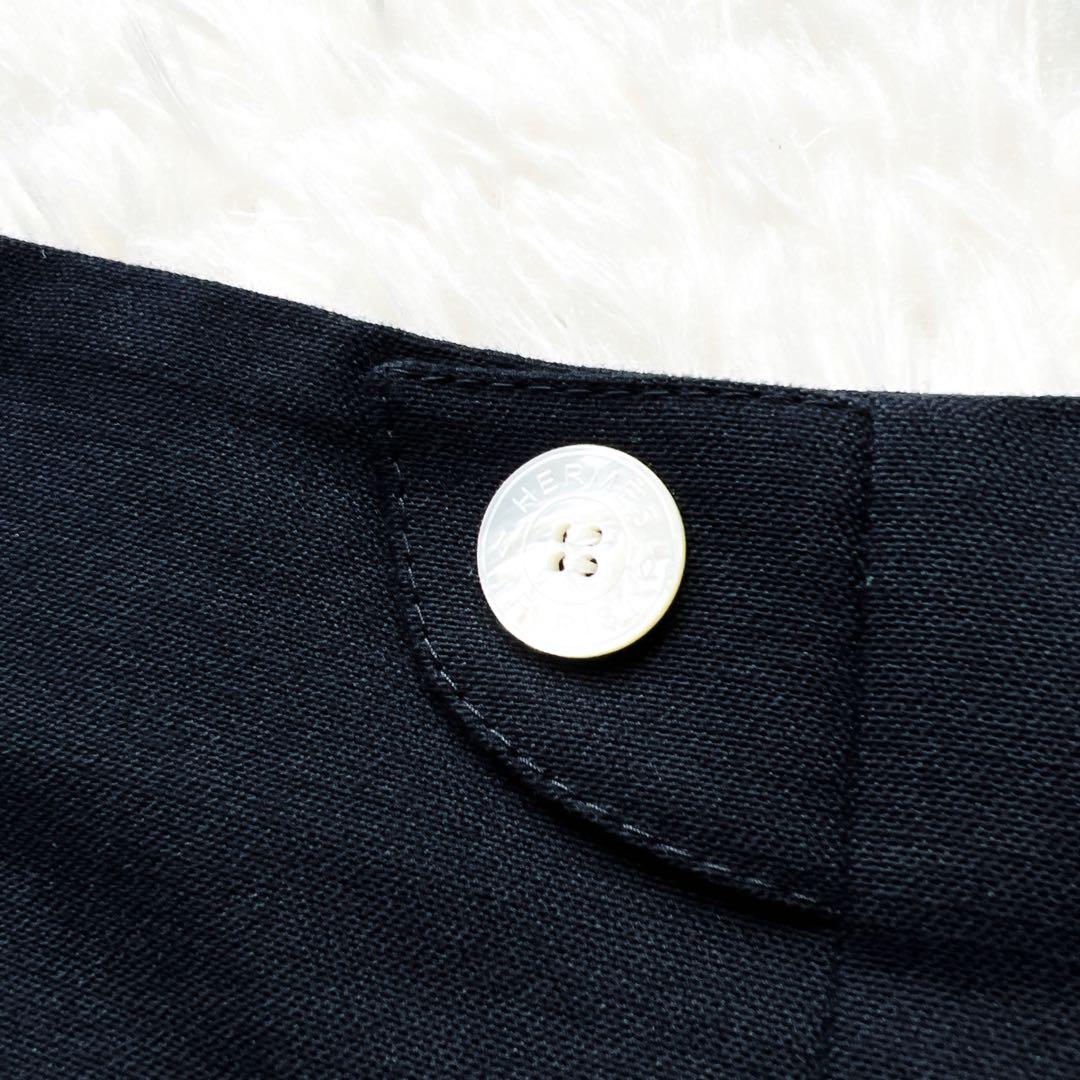 美品　HERMES エルメス　ウール　ネイビー　台形　スカート　シェル　セリエ