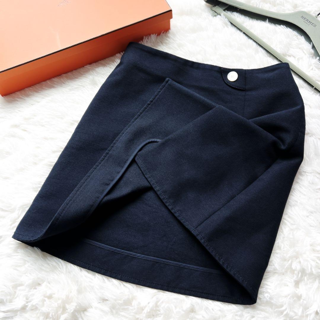 美品　HERMES エルメス　ウール　ネイビー　台形　スカート　シェル　セリエ