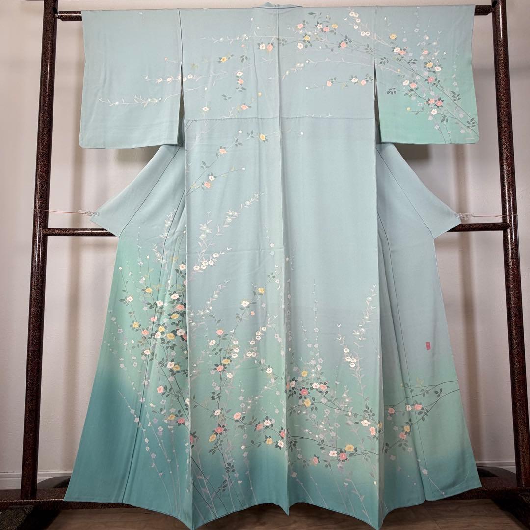 超美品　正絹　訪問着　着物　160　水色　作家物　峰山和生　手書き友禅　紋無し