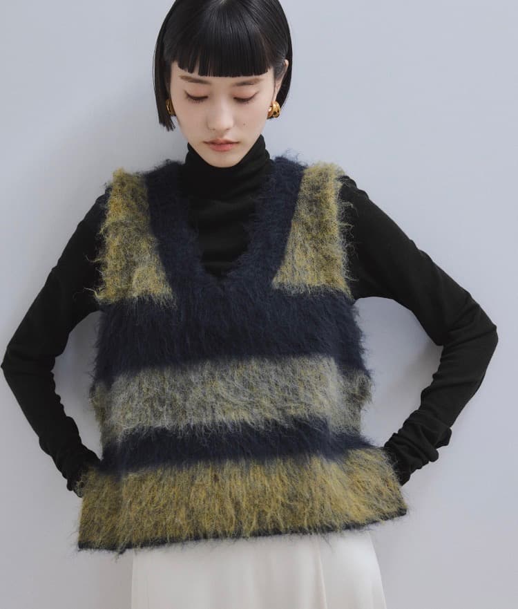 タグ付き【WEB限定】ブラッシュドボーダーベスト　ネイビー