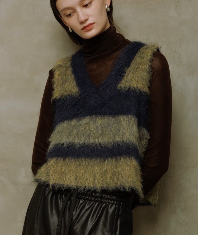 タグ付き【WEB限定】ブラッシュドボーダーベスト　ネイビー