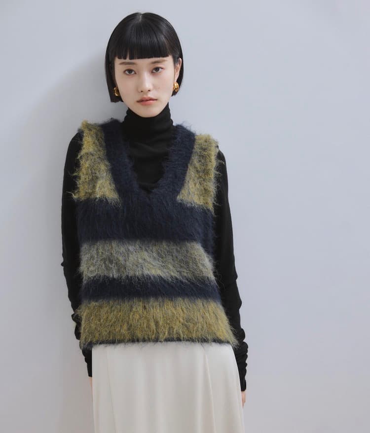 タグ付き【WEB限定】ブラッシュドボーダーベスト　ネイビー