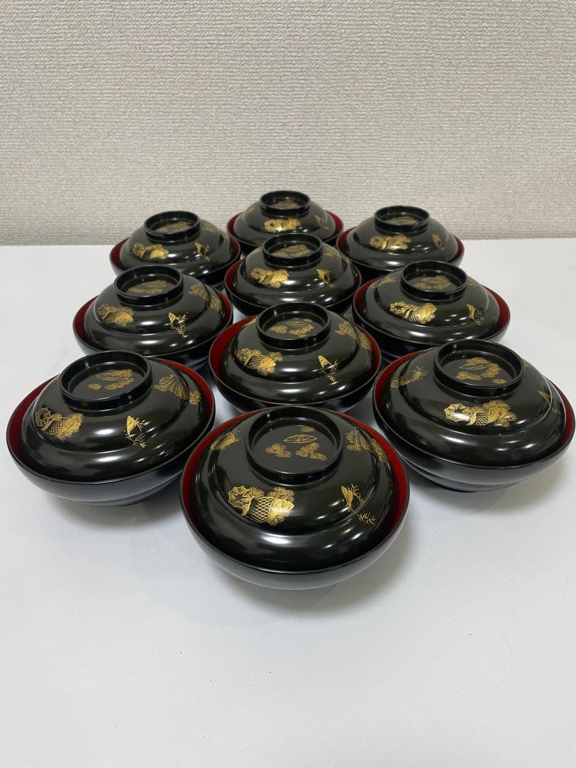 漆器 輪島塗 金蒔絵 貝柄 黒 内朱 吸物 割烹 蓋付き10客個 お煮物椀