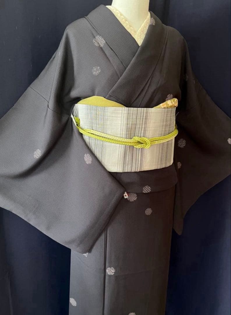 【小紋】　濃紺お召絹地に 雪輪　飛び柄　彫りと染め作家物　素敵な装い