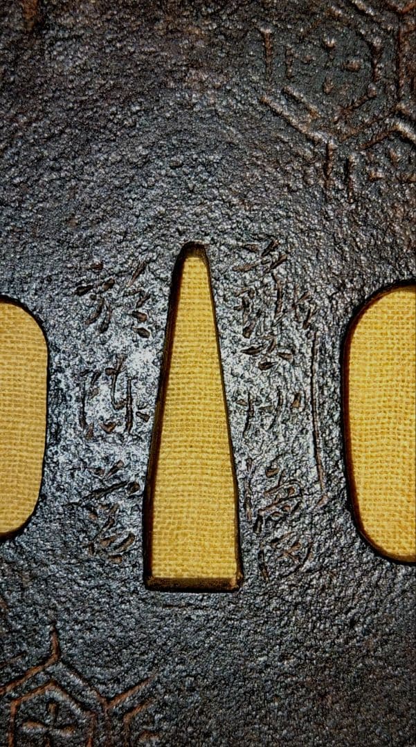 珍品　鉄鍔　鐔　(越後高田士松井貞寿　藝州海田於陳営　亀甲紋)幕末　刀工　箱付き