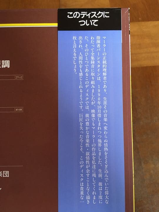 バーンスタイン　マーラー　交響曲第5番　レナードバーンスタイン指揮　LD