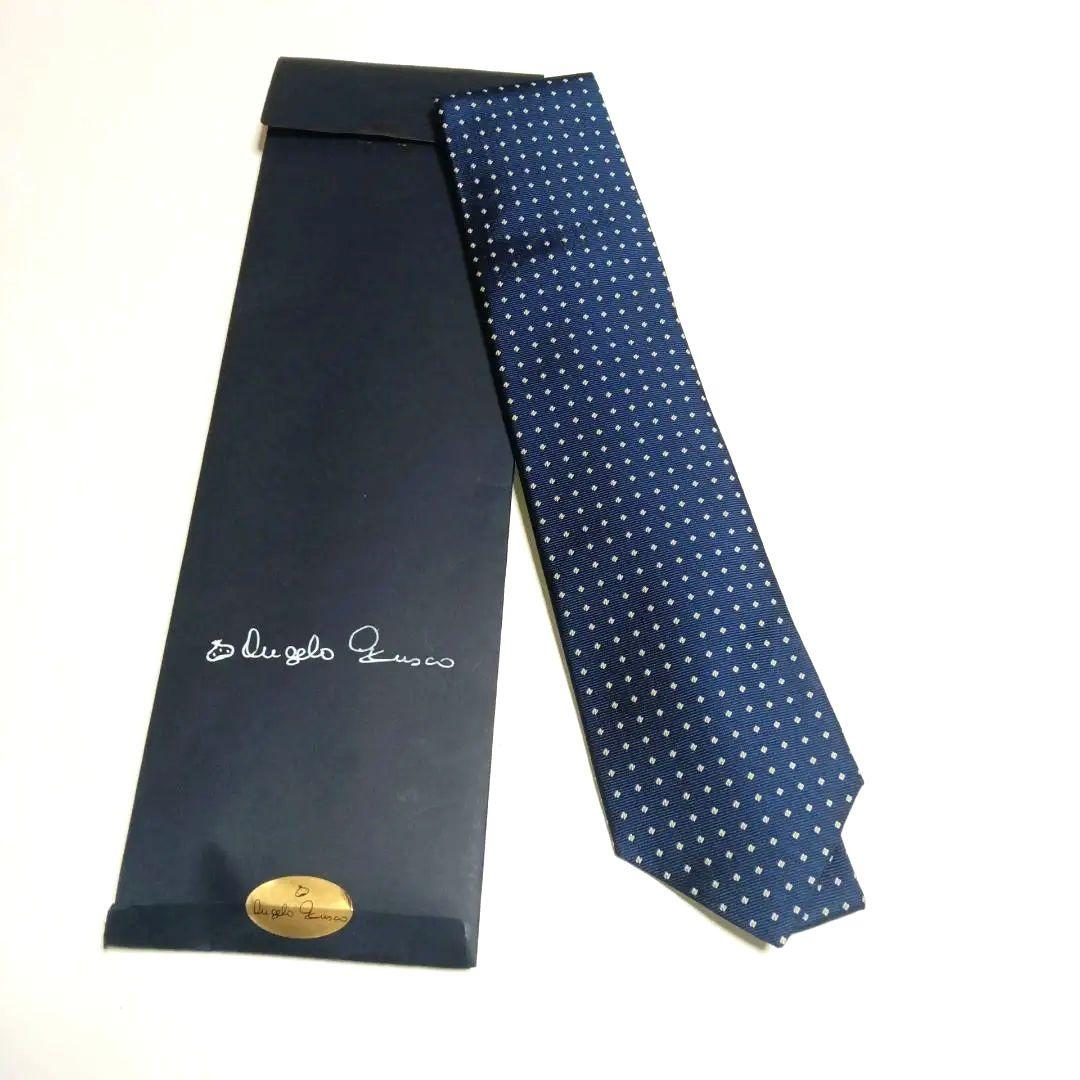 保管品 ANGELO FUSCO 青 小紋柄 セッテピエゲネクタイ幅9.0センチ