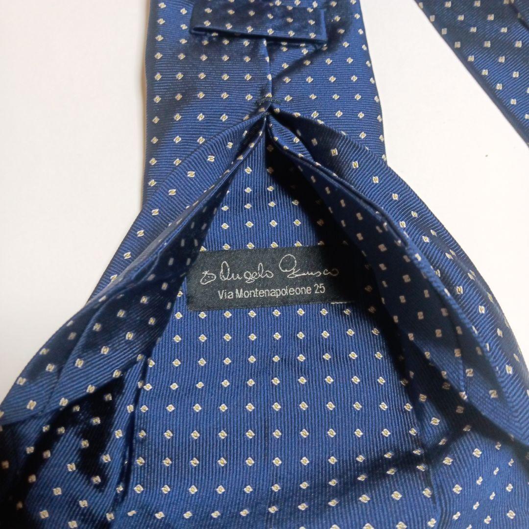 保管品 ANGELO FUSCO 青 小紋柄 セッテピエゲネクタイ幅9.0センチ