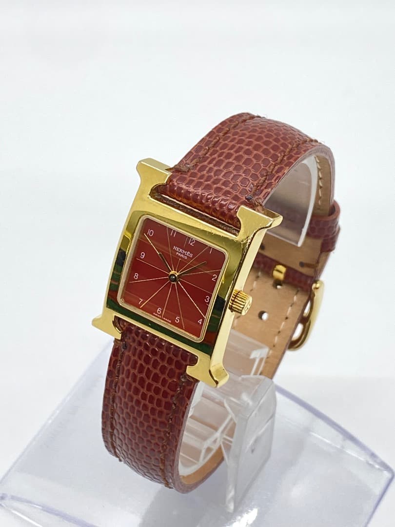 【新品電池】エルメス Hウォッチ HH1.201 ボルドー 赤 レッド ゴールド