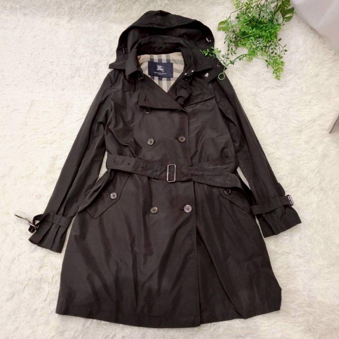 バーバリーロンドン フード付きトレンチコート 2way ノバチェック 黒 40