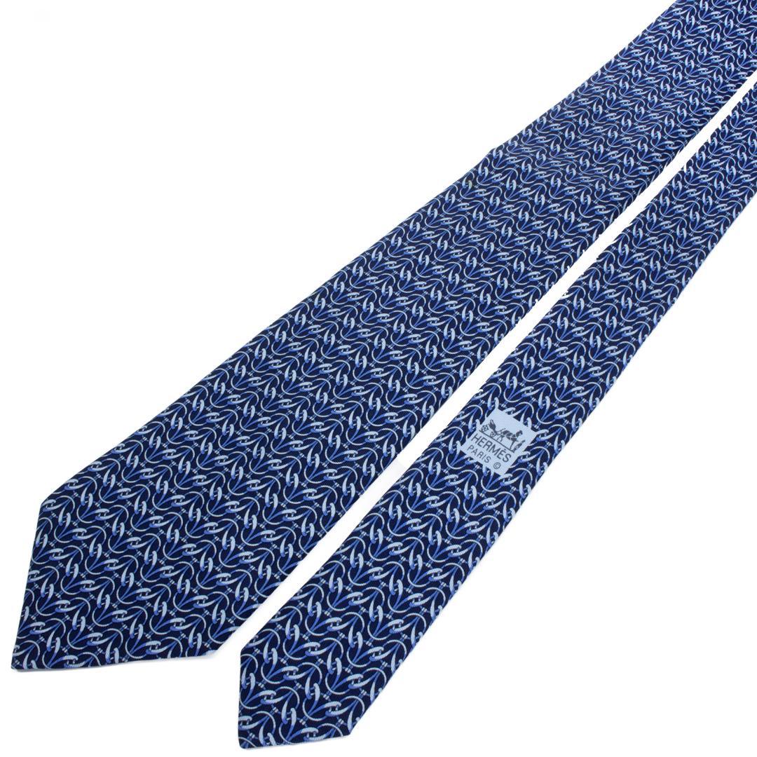 エルメス ネクタイ 新品同様 シルク ネイビーブルー 青 水色 ビジネス 総柄