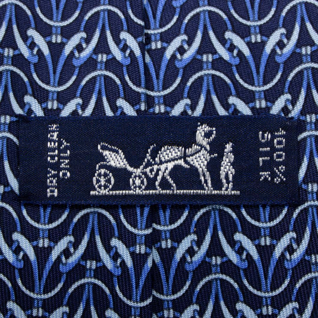 エルメス ネクタイ 新品同様 シルク ネイビーブルー 青 水色 ビジネス 総柄