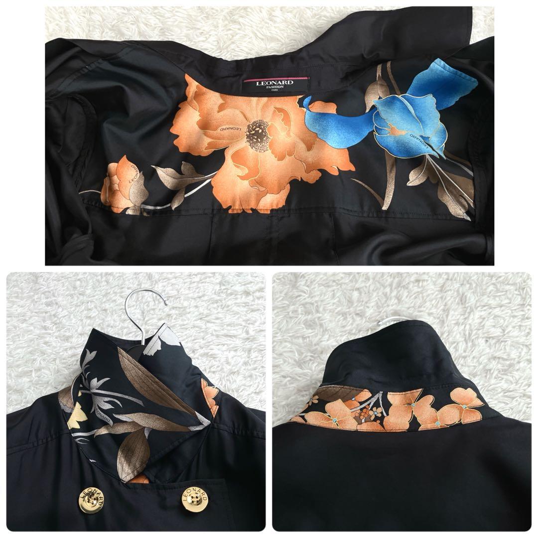美品✨シルク100% レオナール スプリングコート 金ボタン ダブル トリム 花