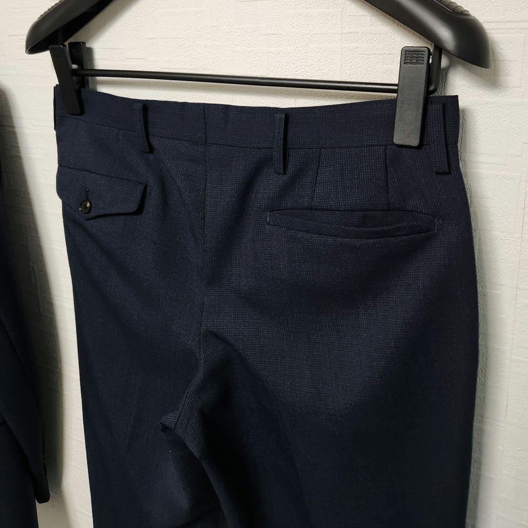 オリヒカ　メンズスーツ　スリーピース　セットアップ　濃紺ブルー　チェック　細身