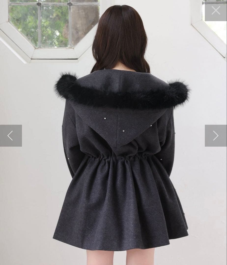 NICE CLAUP ナイスクラップ フードフェイクファービジューミドルコート