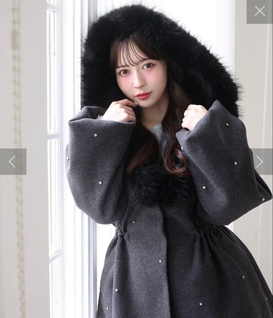 NICE CLAUP ナイスクラップ フードフェイクファービジューミドルコート