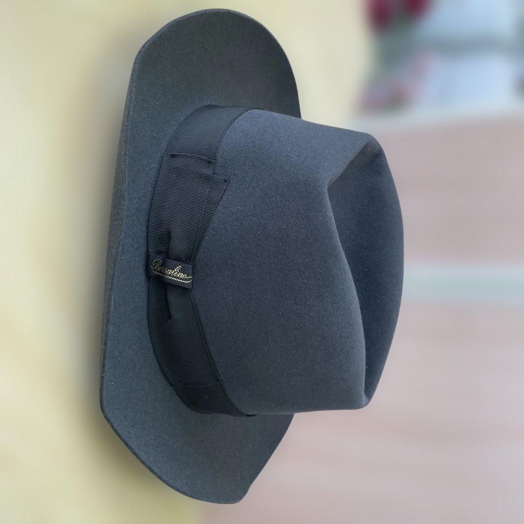 未使用品　ボルサリーノカーフレザーハット　グレー　フェルトウール秋冬お洒落滝マキ