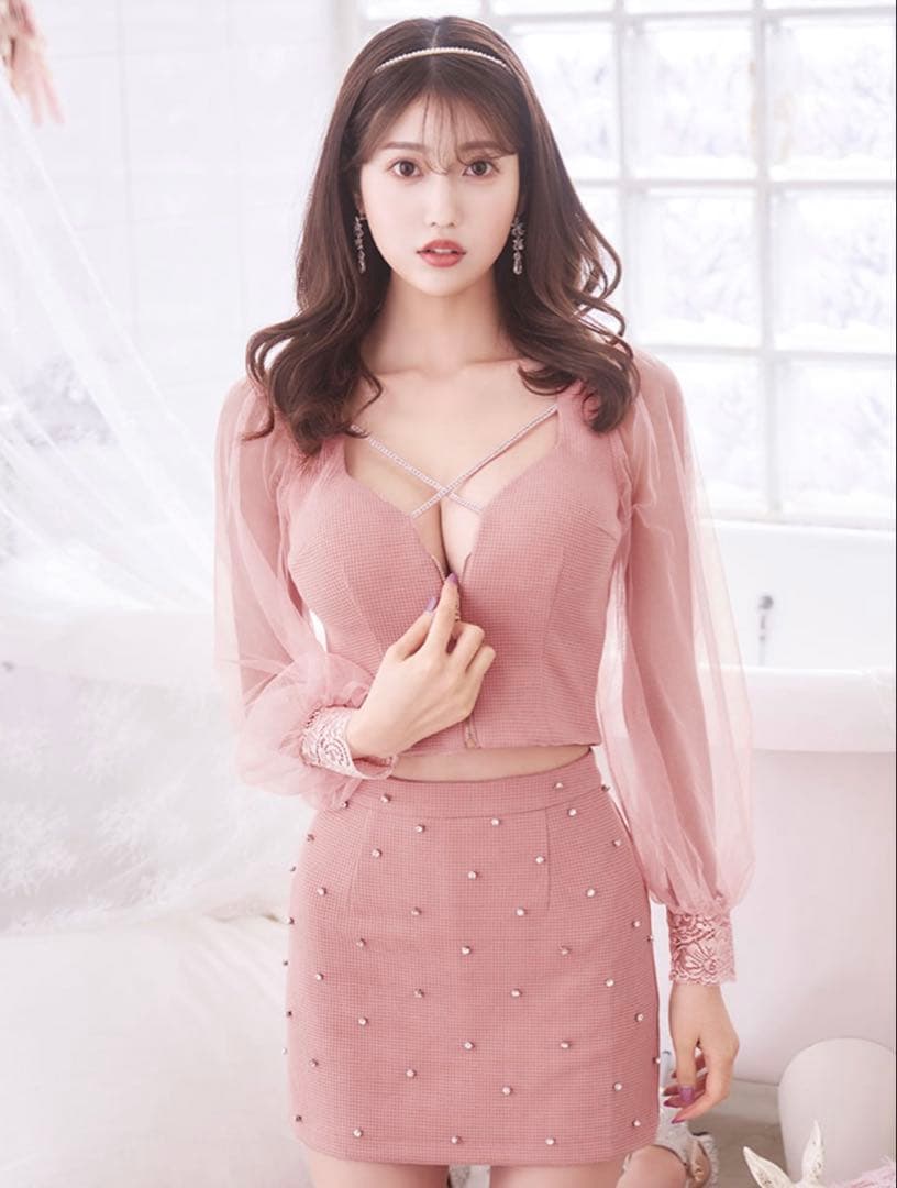 フロントジップセットアップミニドレス　キャバドレス　ピンク　Lサイズ　美品