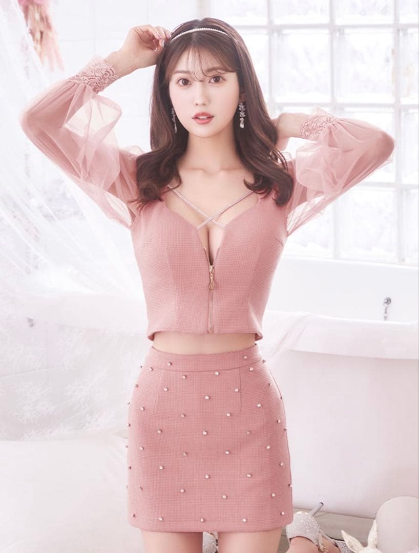 フロントジップセットアップミニドレス　キャバドレス　ピンク　Lサイズ　美品