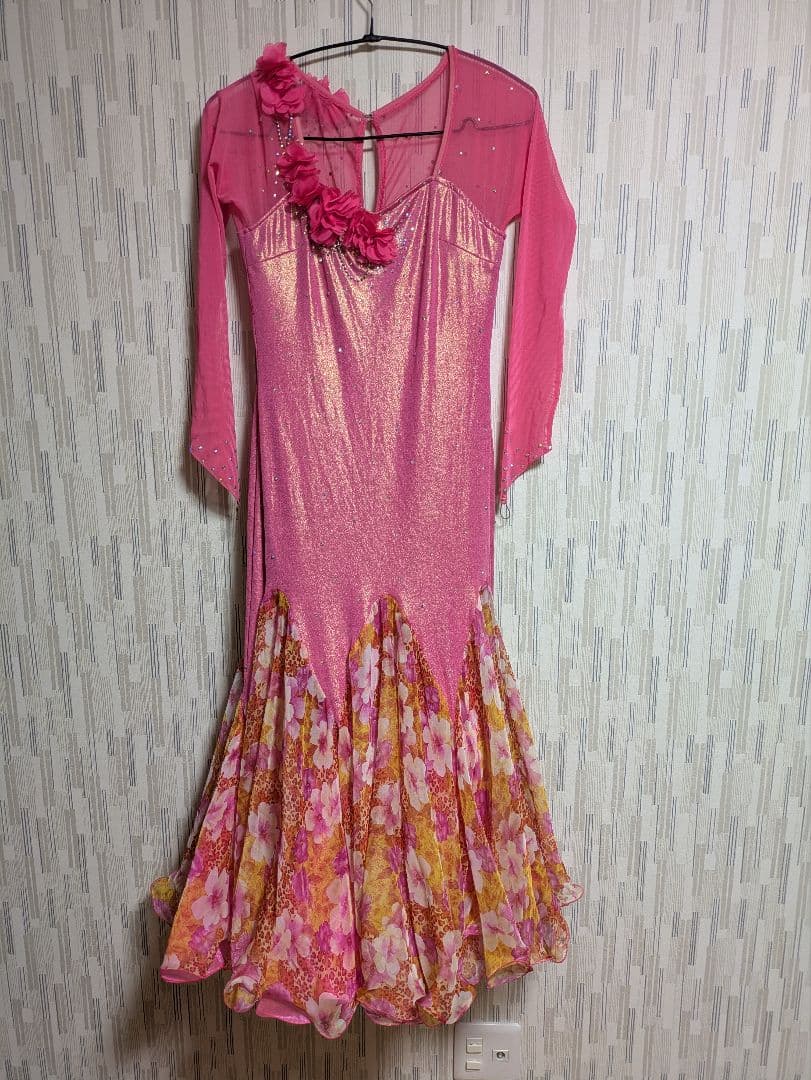 『クリエイトサン 社交ダンス用ピンクドレス フラワー装飾付き』