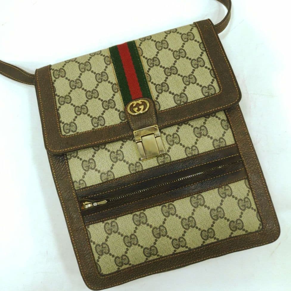 グッチ ショルダーバッグ レザー×PVC インターロッキング GG柄 ブラウン