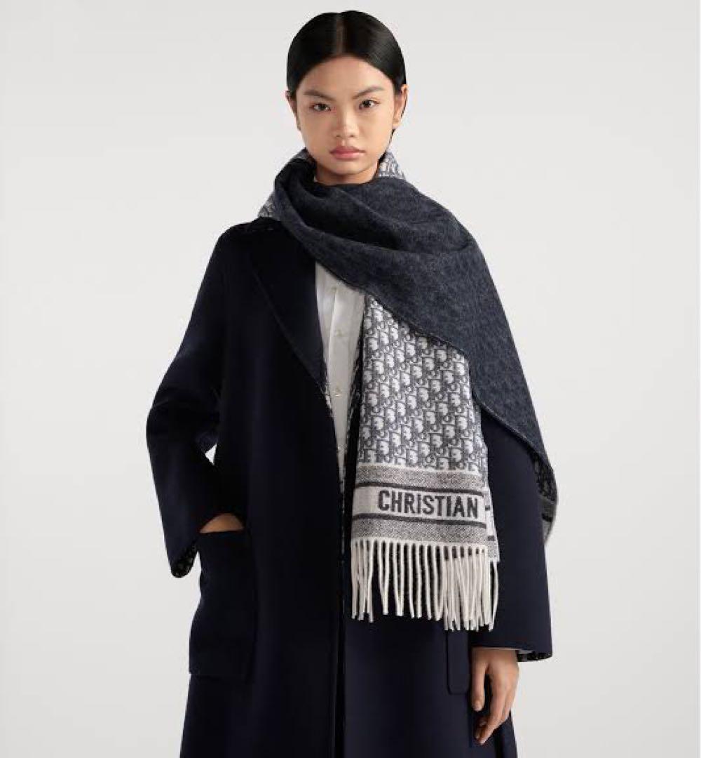 Dior ネイビー.ホワイト ロゴ入りマフラー カシミヤ