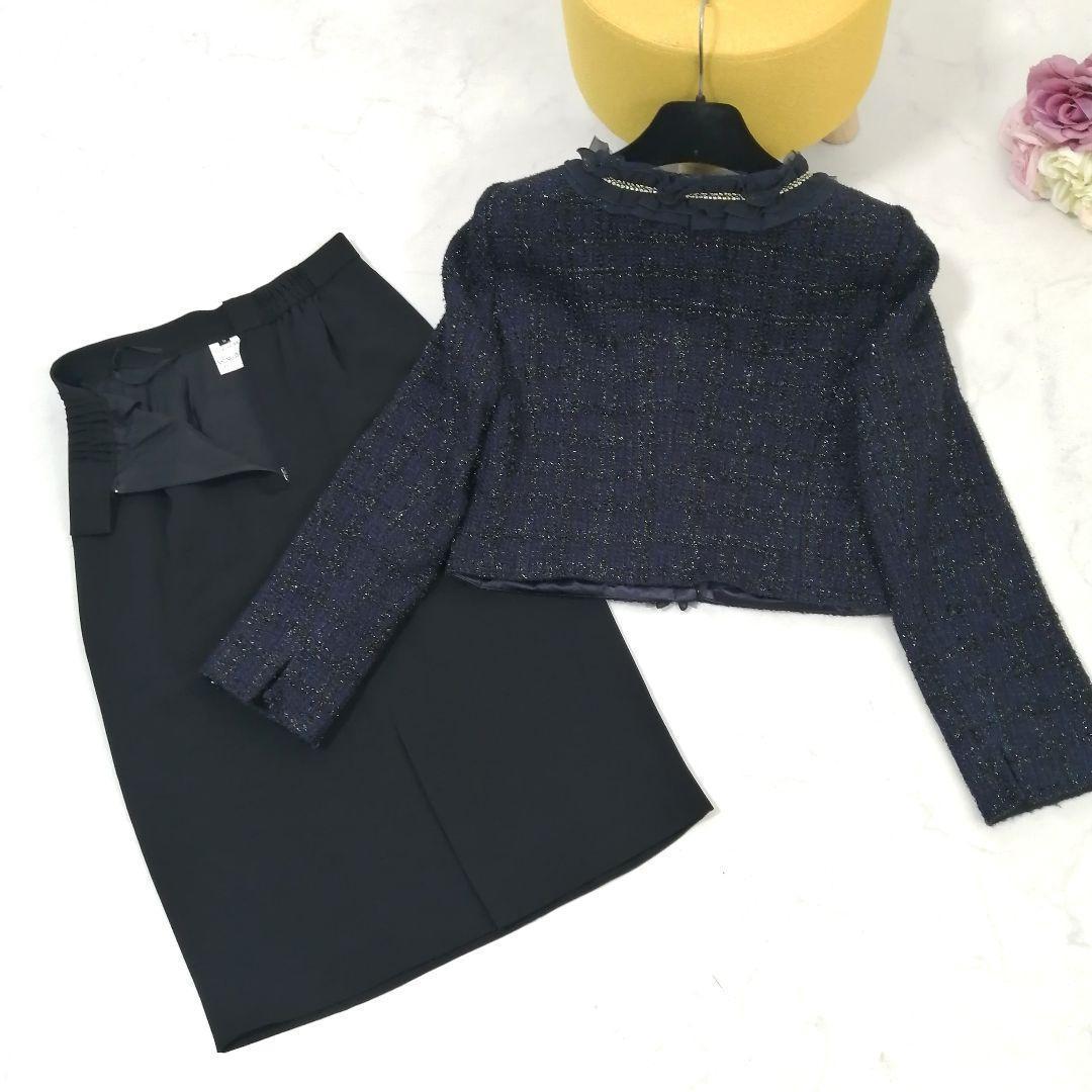 極美品✨ 東京ソワール　スカートスーツ　セット　ツイード　ラメ　フリル　9　高級