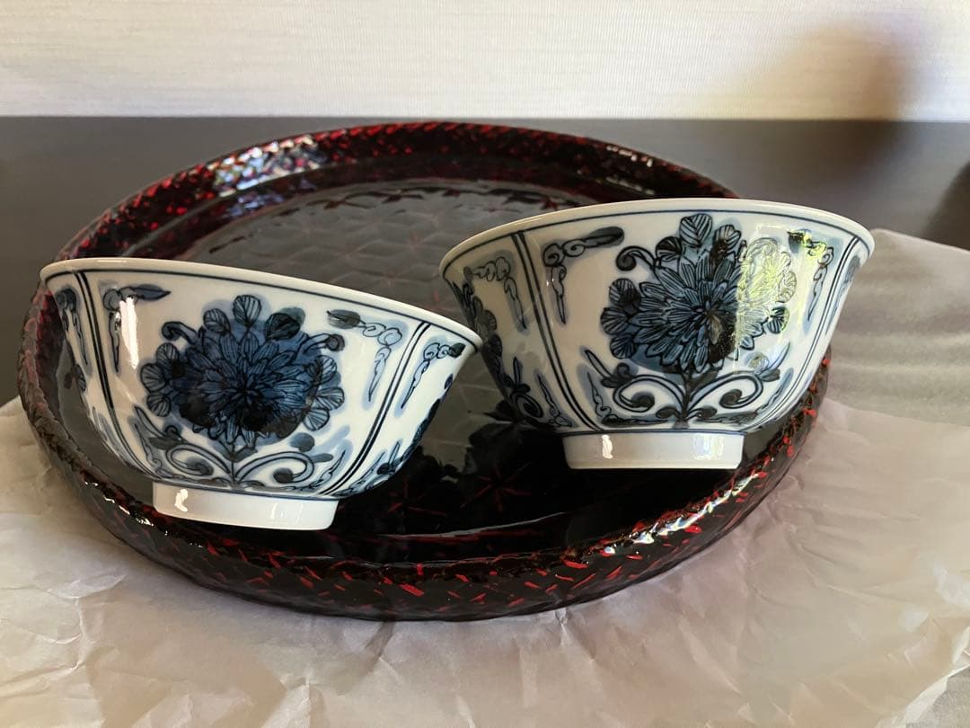 九谷焼　妙泉陶房　長左窯　山本長左 氏　染付　夫婦飯碗　ペアお碗　ご飯茶碗　２客