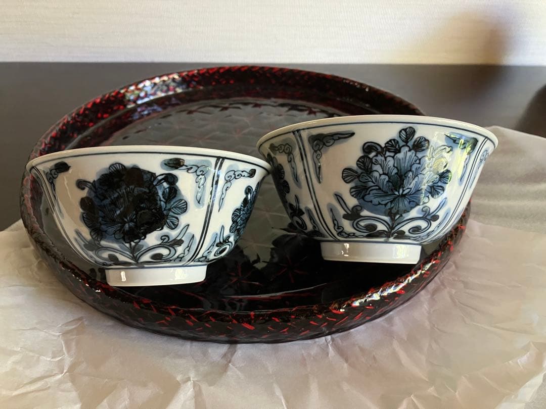 九谷焼　妙泉陶房　長左窯　山本長左 氏　染付　夫婦飯碗　ペアお碗　ご飯茶碗　２客