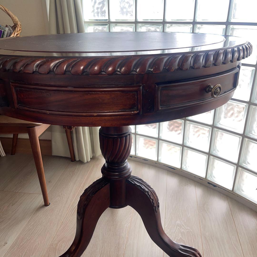 ダークブラウン 円形テーブル 引き出し付き