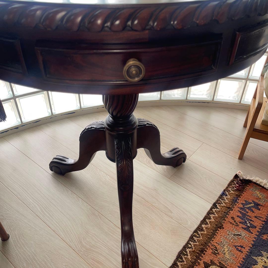 ダークブラウン 円形テーブル 引き出し付き