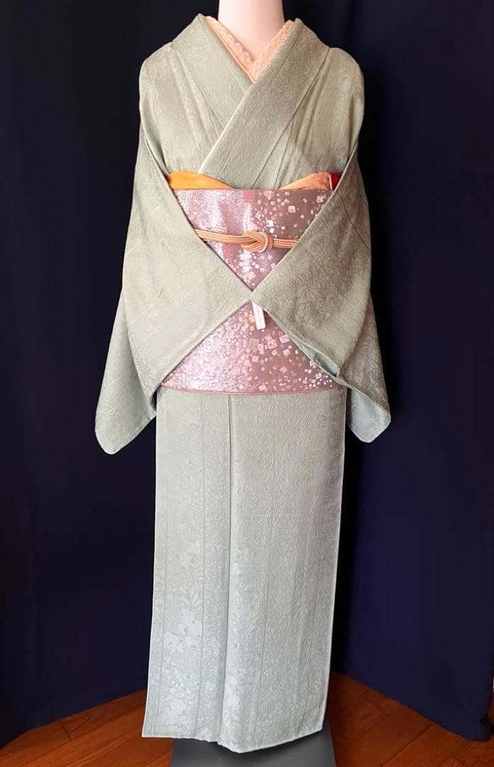 ★専用★【色無地】辻が花地紋 薄萌葱色 膨れ織　縫取のような立体感　しつけ付き