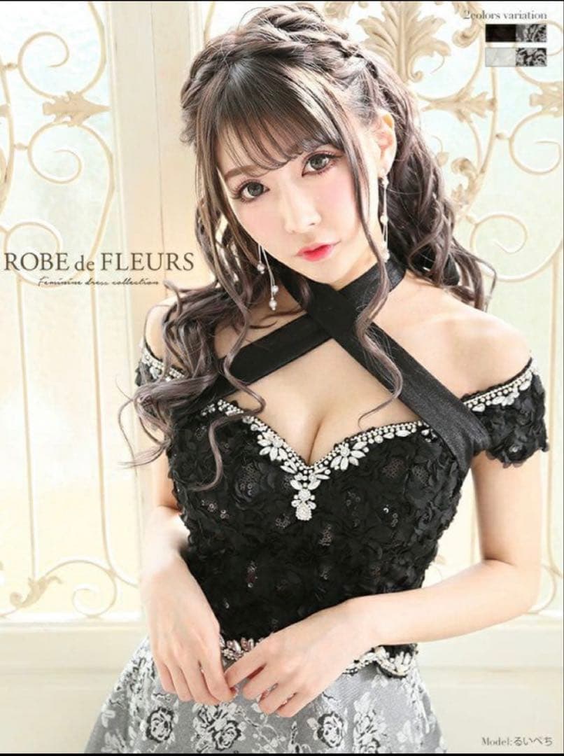 ROBEdeFLEURS　高級首元クロスデザインオフショルダーフレアミニドレス