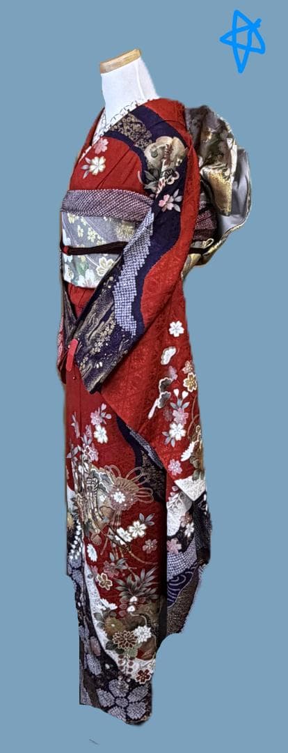 振袖１　御所車に絞り柄振袖と帯のセット　やまと　赤・紺　身丈１６５裄６９