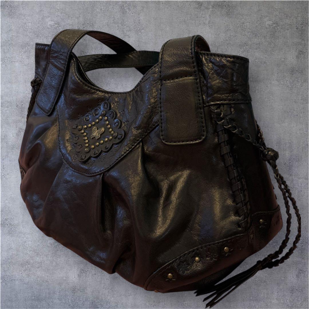 ANNA SUI アナスイ　本革レザー　フリンジ　スタッズ　蝶　ブラック　y2k