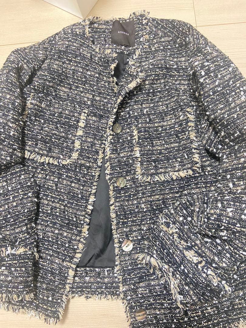 anuansアニュアンスオリジナルツイードノーカラージャケットブラックブルゾン