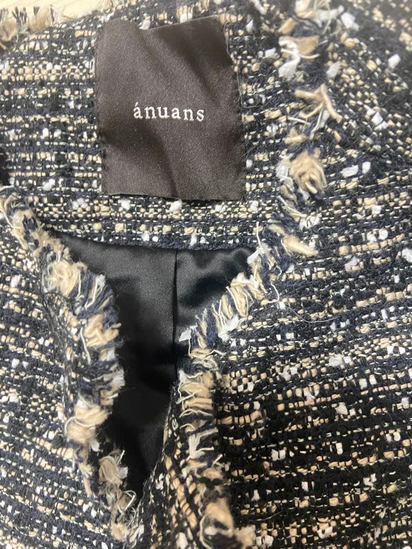 anuansアニュアンスオリジナルツイードノーカラージャケットブラックブルゾン