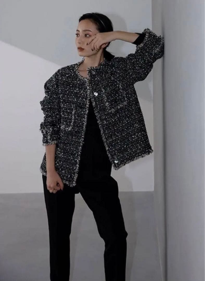 anuansアニュアンスオリジナルツイードノーカラージャケットブラックブルゾン