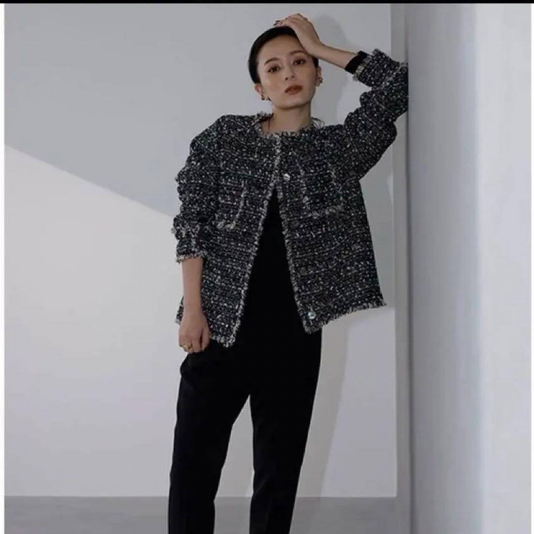 anuansアニュアンスオリジナルツイードノーカラージャケットブラックブルゾン