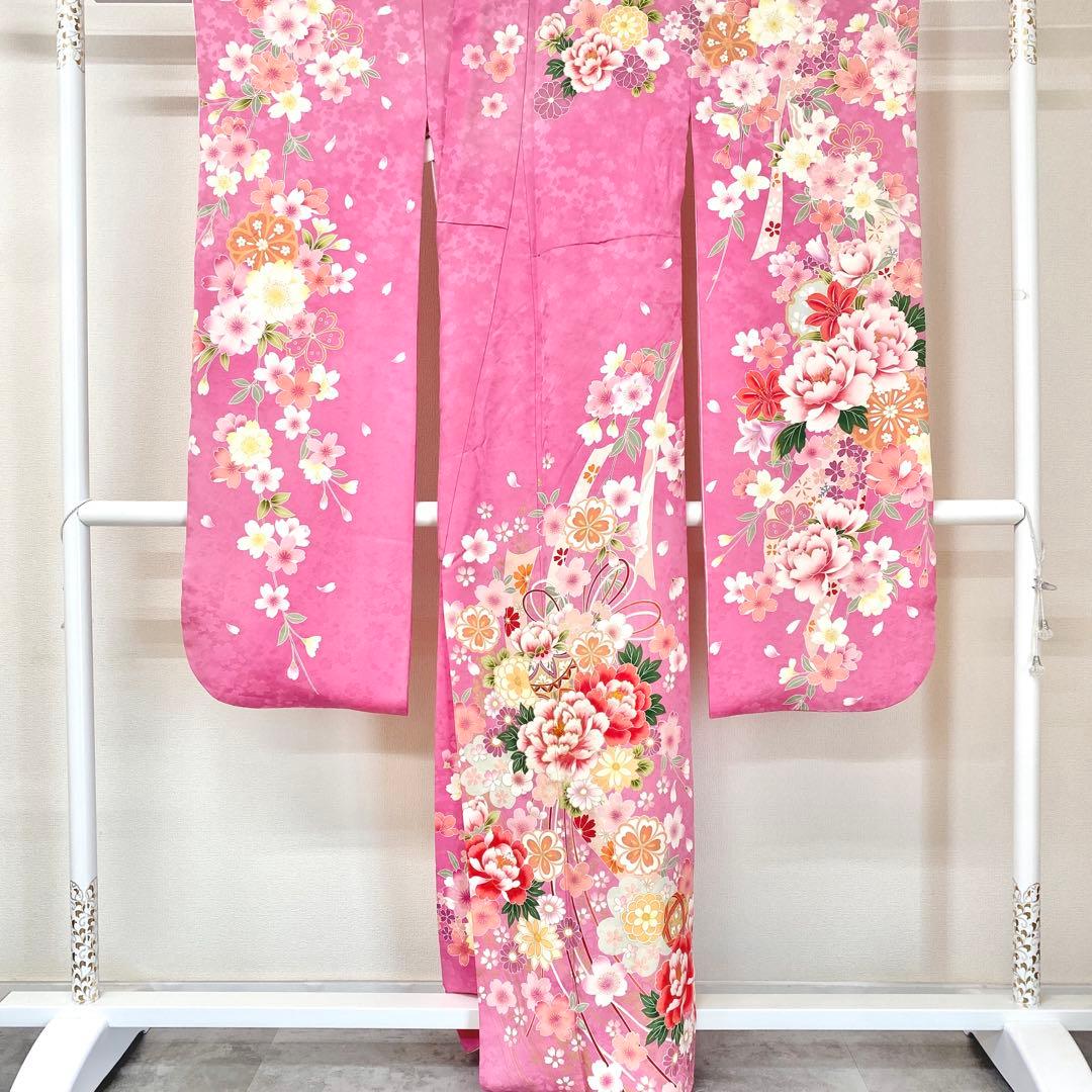 ⭐︎K0812 美品 正絹 振袖 レンタル店放出品 ガード加工 花柄 ピンク 9号